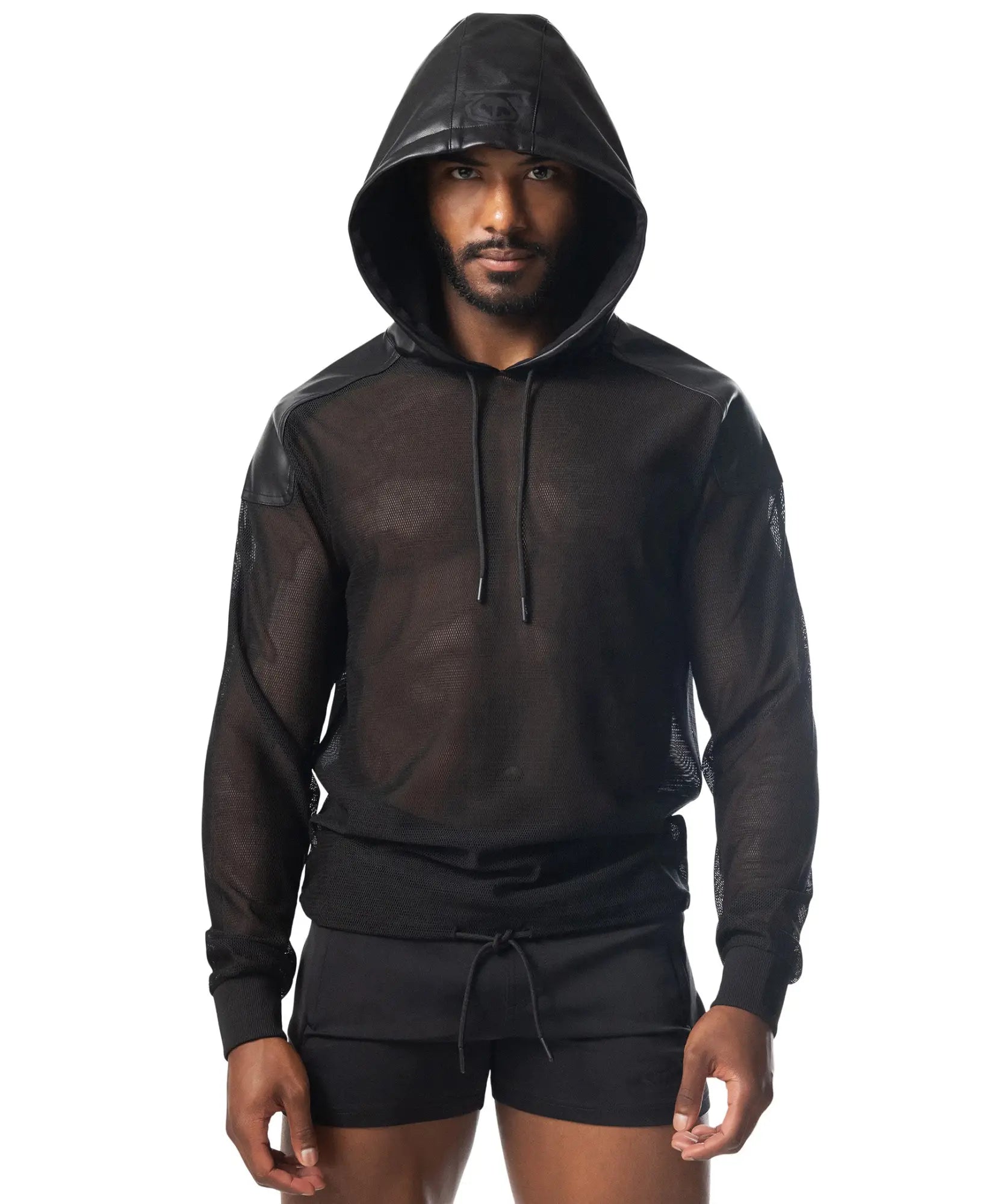 Intake hooded long sleeve black mesh hoodie with solid black fabric accents on shoulders and cuffs front view