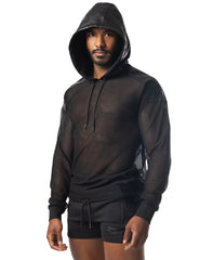 Black mesh intake hooded long sleeve hoodie with solid black front panel and drawstring hood for casual wear