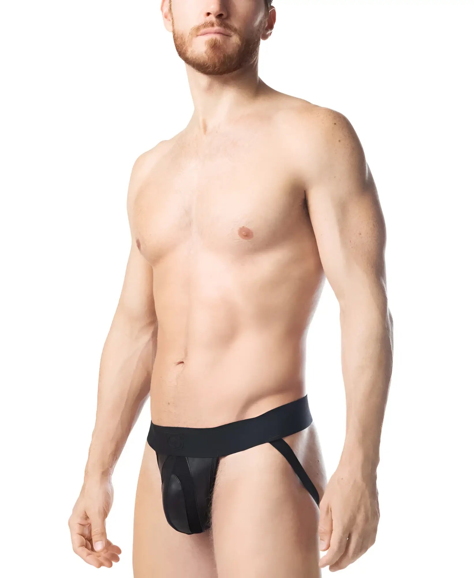 Black leather-like intake jockstrap briefs with wide waistband and supportive side straps for secure fit