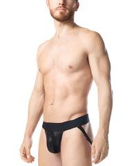 Black leather-like intake jockstrap briefs with wide waistband and supportive side straps for secure fit