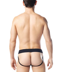 Black intake jockstrap men’s briefs with sleek minimalist design and form-fitting cut for comfortable support