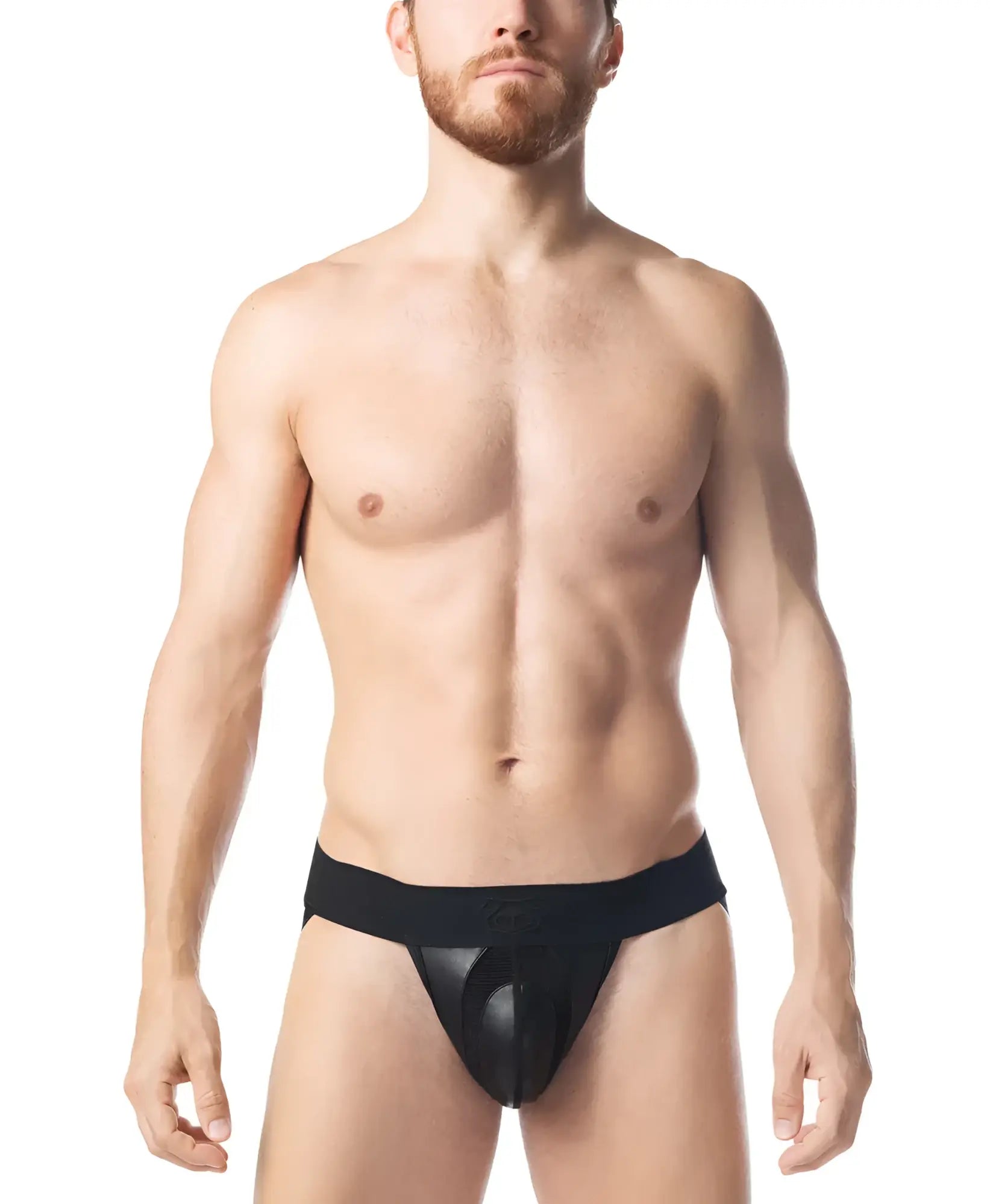 Intake jockstrap black mesh briefs with solid black waistband showing front side detail