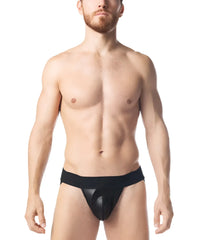 Intake jockstrap black mesh briefs with solid black waistband showing front side detail