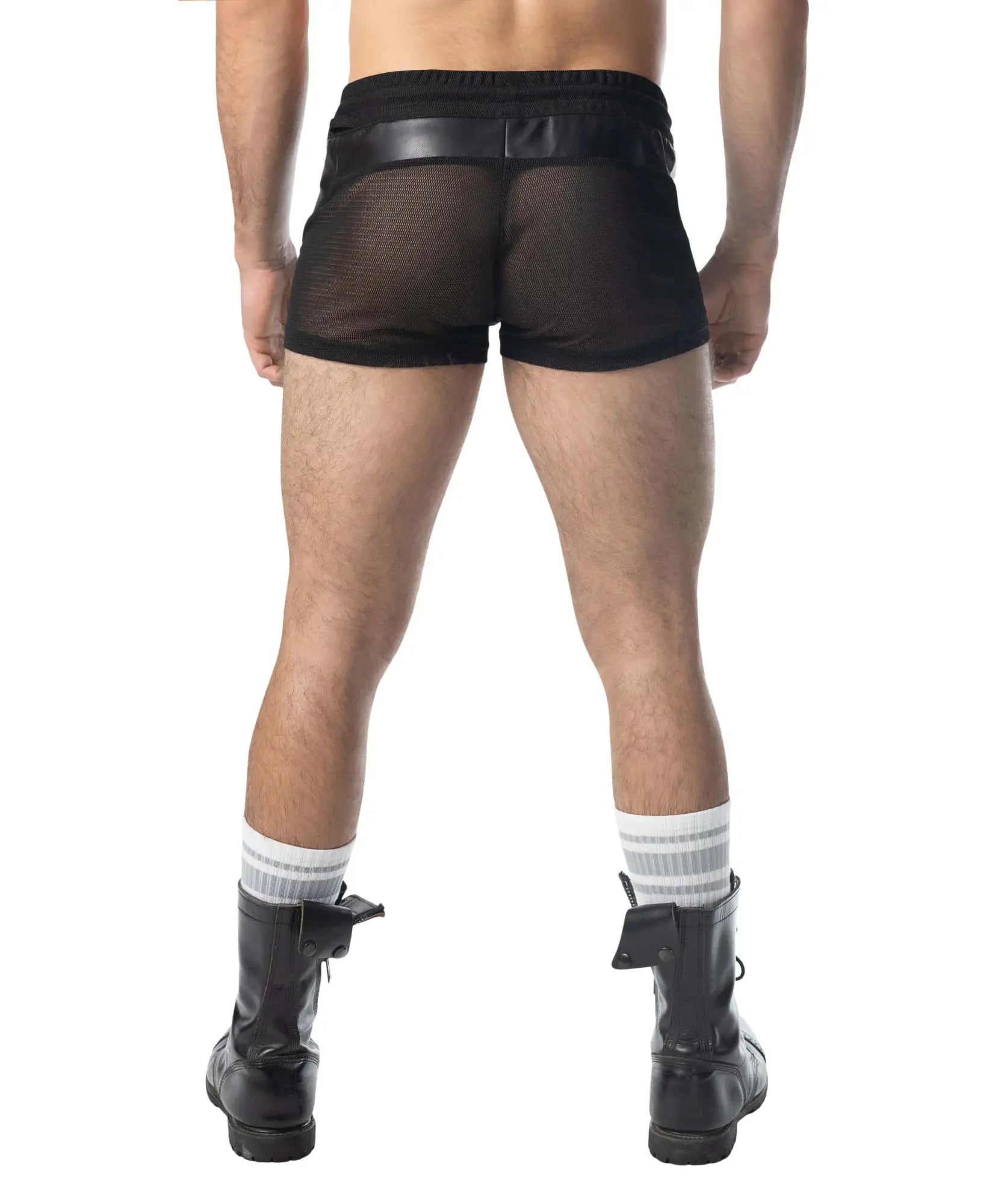 Black mesh intake trunk short with faux leather waistband for casual and athletic wear