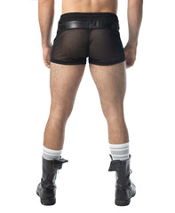 Black mesh intake trunk short with faux leather waistband for casual and athletic wear