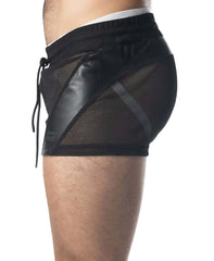 Black intake trunk short mesh shorts with faux leather panels and a drawstring waistband for casual wear