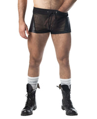 Intake trunk short black mesh shorts with shiny faux leather waistband and drawstring closure for casual wear