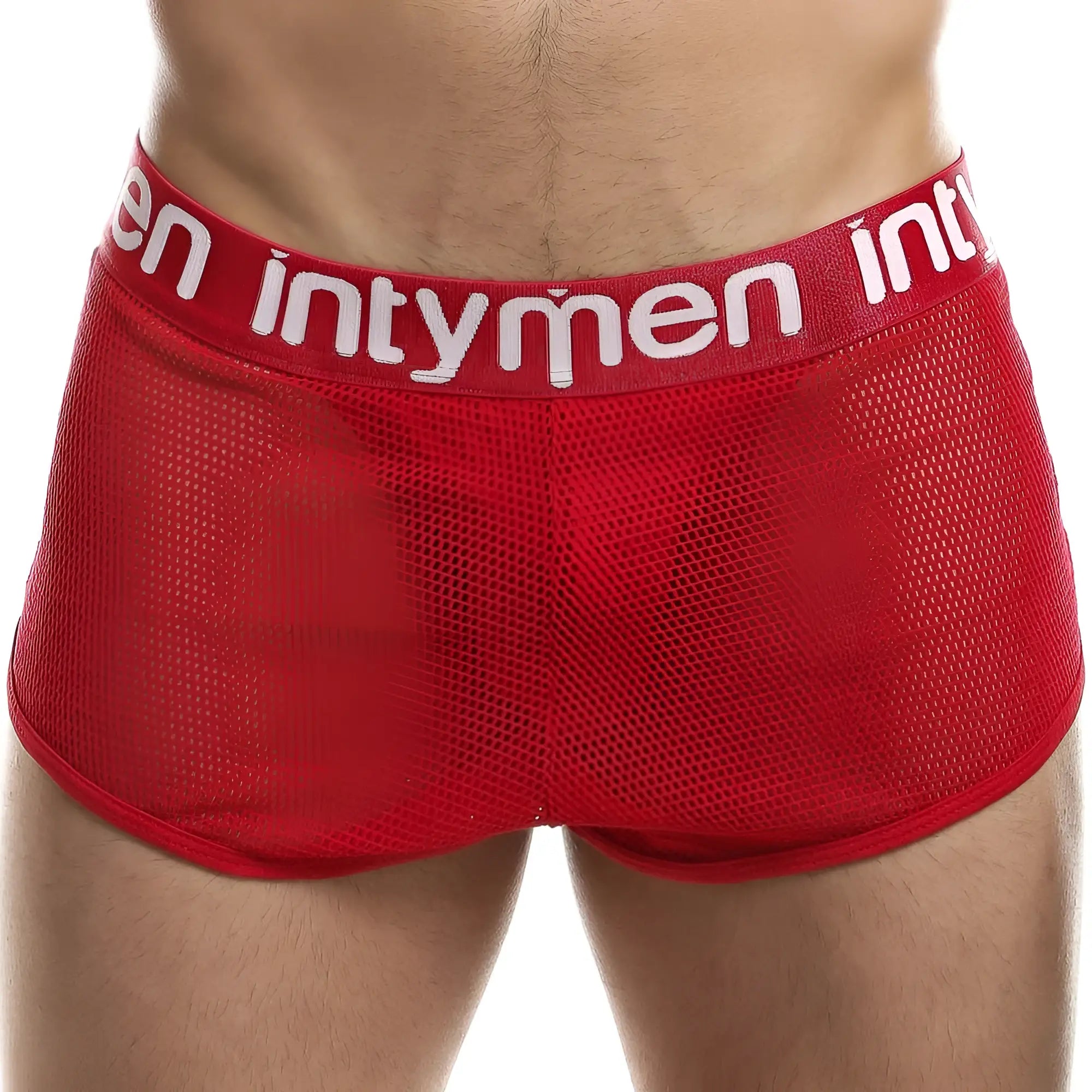 Red mesh briefs with white intymen logo on waistband featured in intymen ing066 jockstrap product image