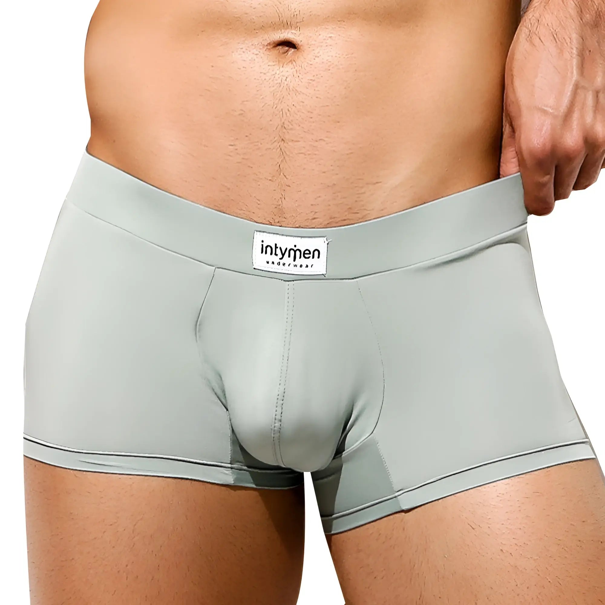 Light gray form-fitting intymen ing069 boxer trunk with subtle seam detail and branded waistband label