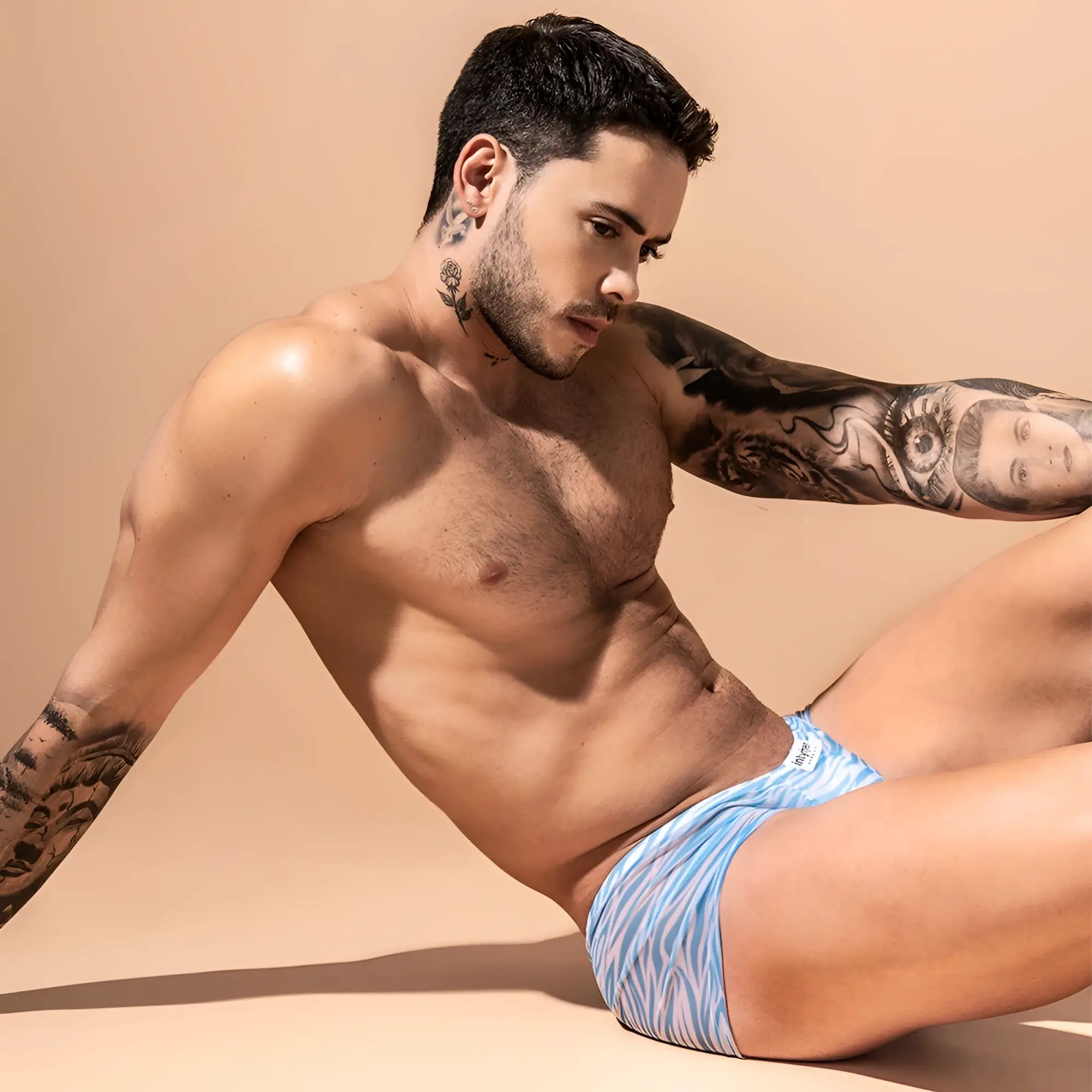 Intymen ING078 blue and white patterned menâ€™s briefs with subtle zebra-like design made from soft fabric
