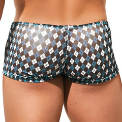 Translucent blue and white argyle patterned menâ€™s briefs intymen ing079 boxer trunk front view