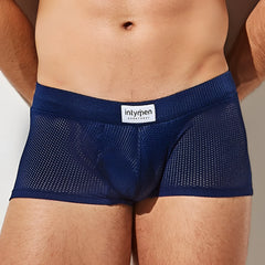 Navy blue mesh Intymen ING080 boxer briefs with breathable fabric and white Intymen underwear label on waistband