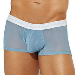 Light blue sheer mesh briefs with white elastic waistband featuring intyfien logo from Intymen ING085 boxer trunk