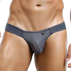 Gray perforated mesh briefs with solid waistband and small circular logo on front by intymen ini014 bikini brief