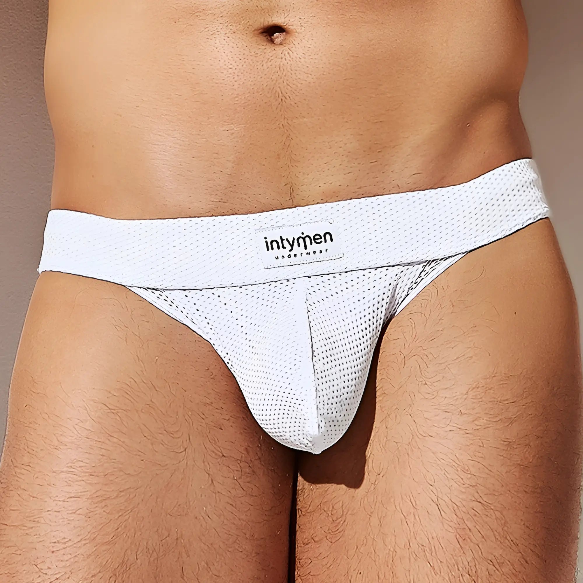 White mesh thong brief with intymen underwear branded label lightweight breathable menâ€™s underwear