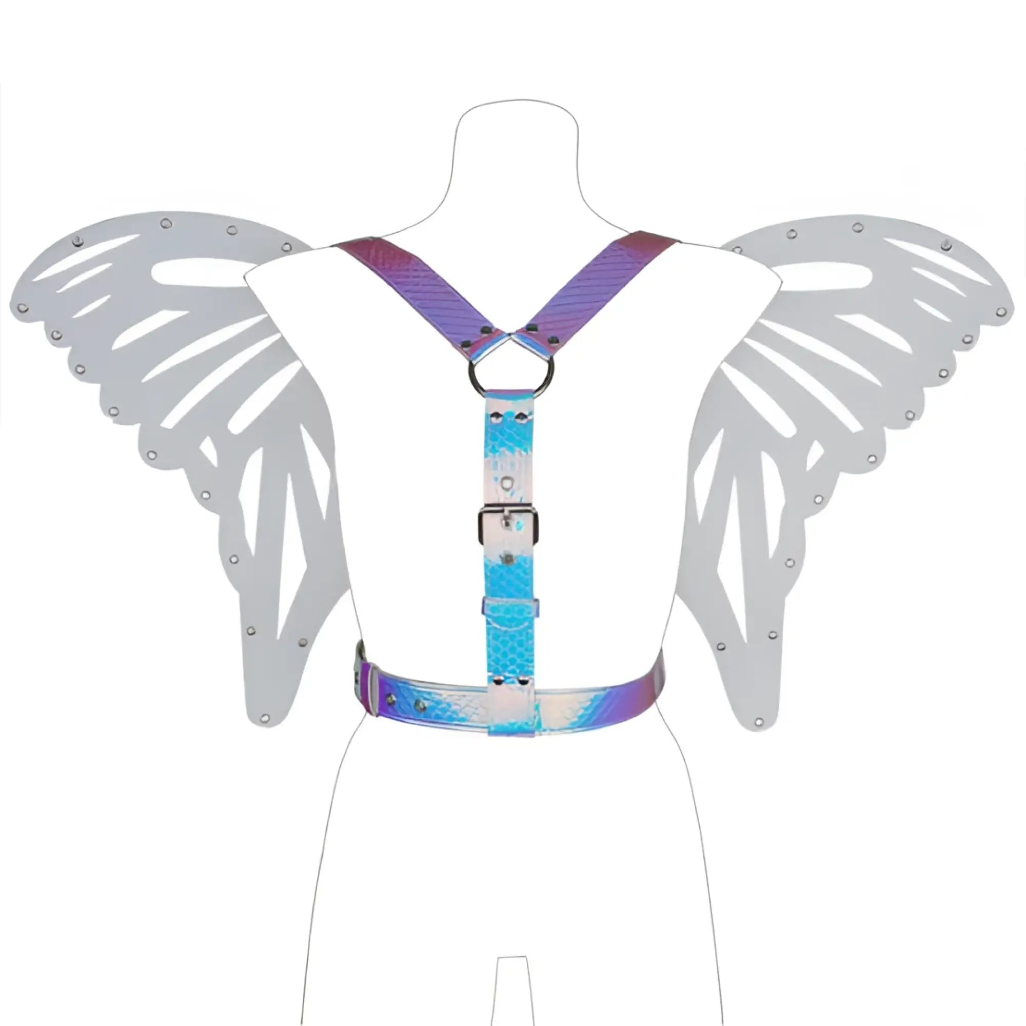 Iridescent butterfly wings harness with iridescent blue and purple wings and metallic silver accents