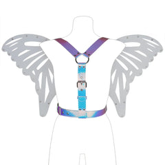 Iridescent butterfly wings harness with iridescent blue and purple wings and metallic silver accents