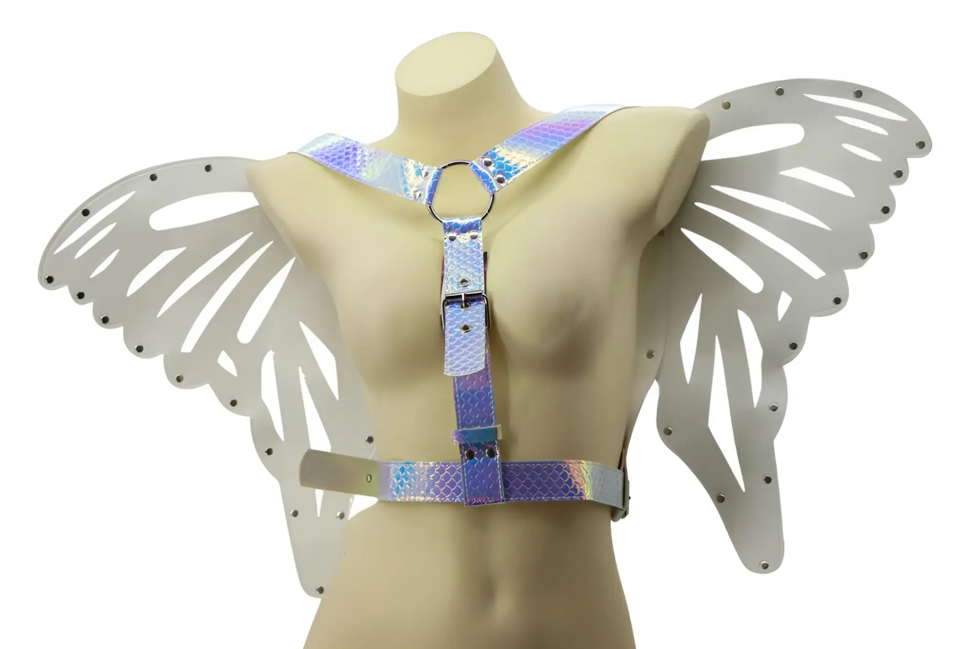 Iridescent butterfly wings harness with metallic silver wings and adjustable straps for wearable costume accessory