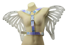 Iridescent butterfly wings harness with metallic silver wings and adjustable straps for wearable costume accessory