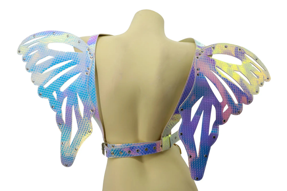 Iridescent butterfly wings harness with snakeskin texture metallic rivets and holographic finish shown from the back side