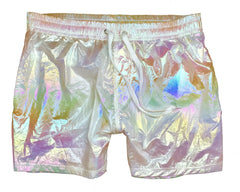 Iridescent rave shorts with a shiny reflective surface shifting between white pink and gold hues