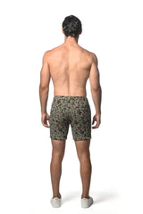 Men’s jacquard printed stretch knit olive green shorts with dark floral pattern for casual wear