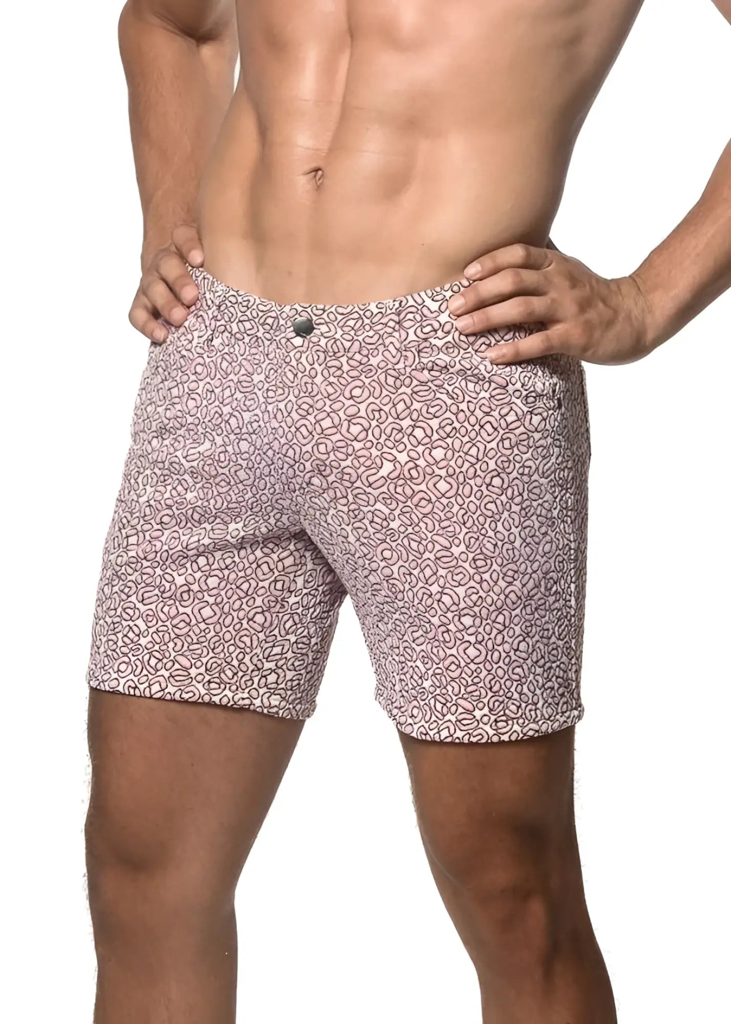 Jacquard printed stretch knit shorts in soft pink fabric with abstract geometric print pattern for men