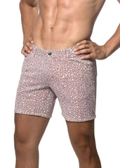 Jacquard printed stretch knit shorts in soft pink fabric with abstract geometric print pattern for men