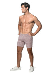 Patterned pink jacquard printed stretch knit shorts with subtle speckled design for comfortable wear