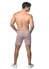 Pink jacquard printed stretch knit shorts with textured speckled fabric perfect for casual wear