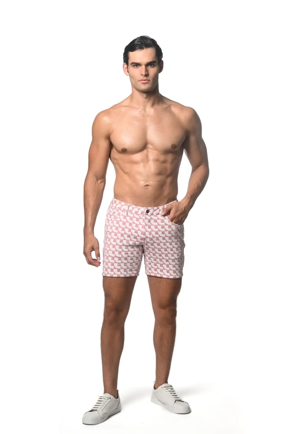 Pink and white jacquard printed stretch knit men’s shorts with geometric pattern ideal for casual wear