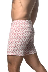 Pink and white jacquard printed stretch knit short swim trunks with geometric pattern for casual beachwear