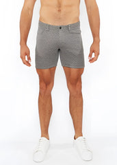 Gray jaquard stretch knit chino shorts with subtle white polka dots made from lightweight fabric front view