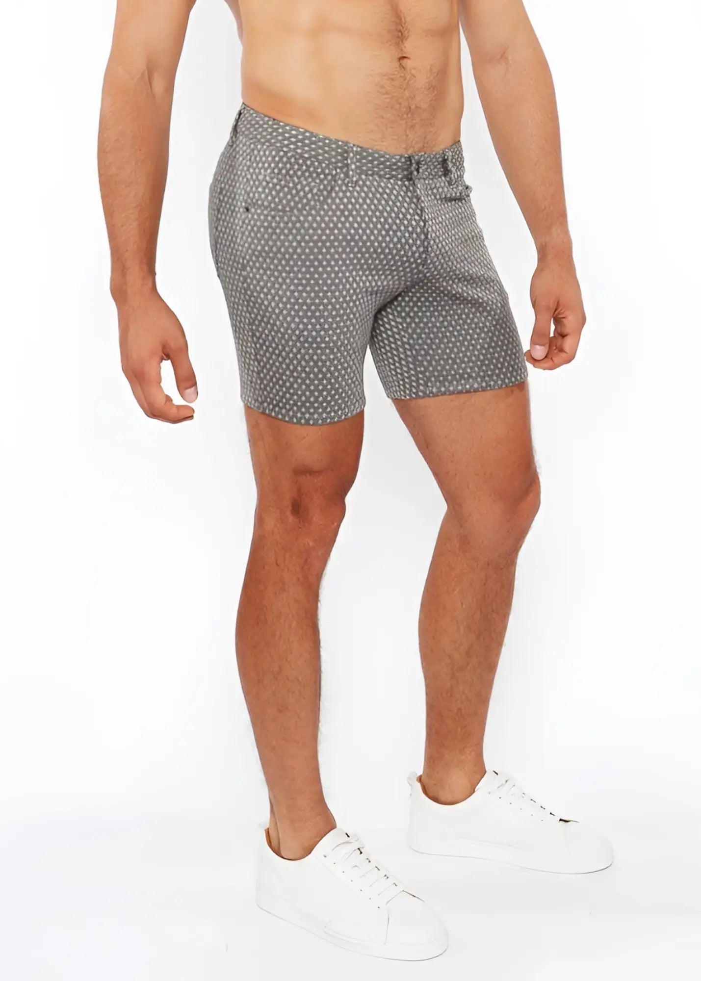 Gray jaquard stretch knit chino shorts with a subtle white polka dot pattern made from lightweight fabric