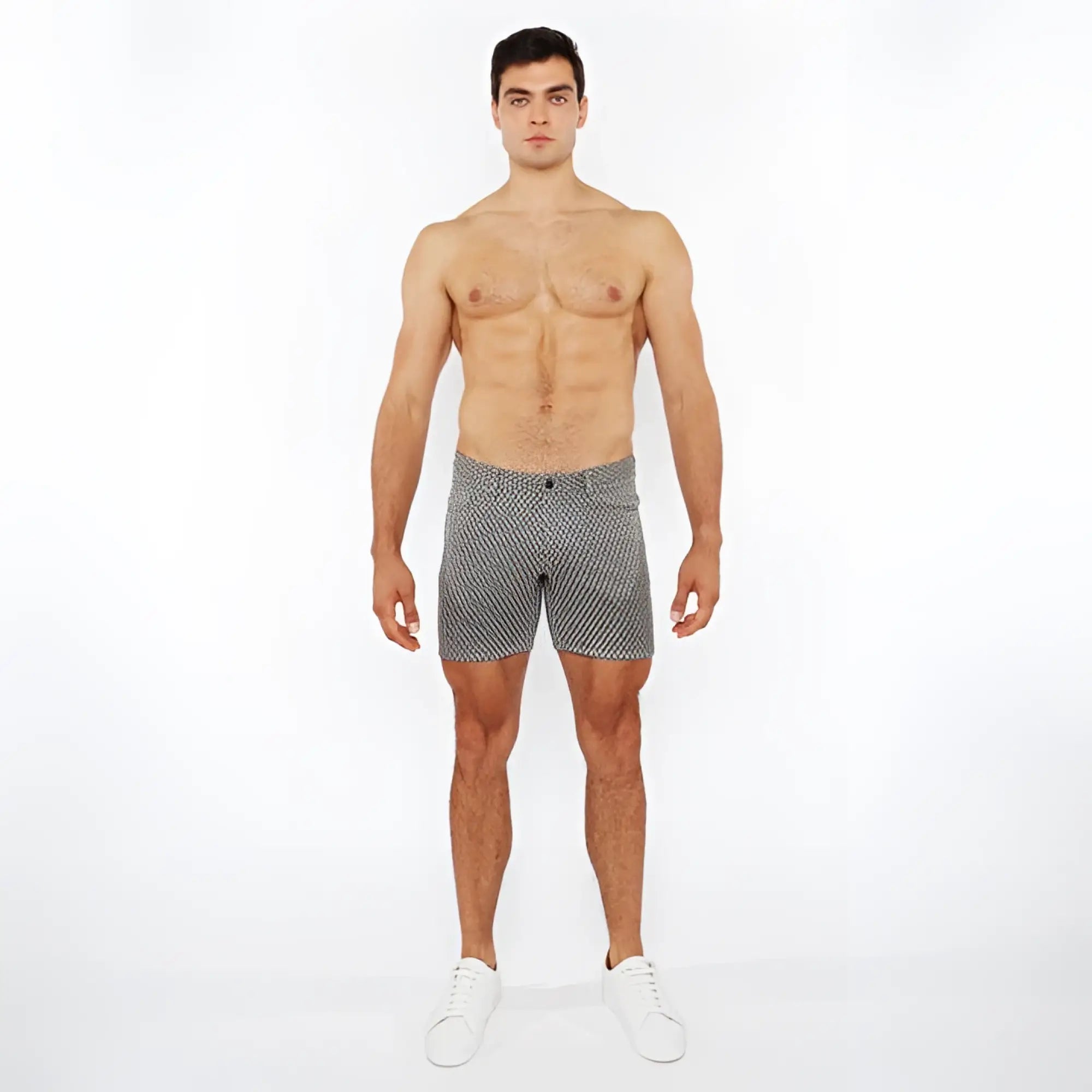 Gray jaquard stretch knit chino shorts with subtle white polka dots made from lightweight fabric for casual wear