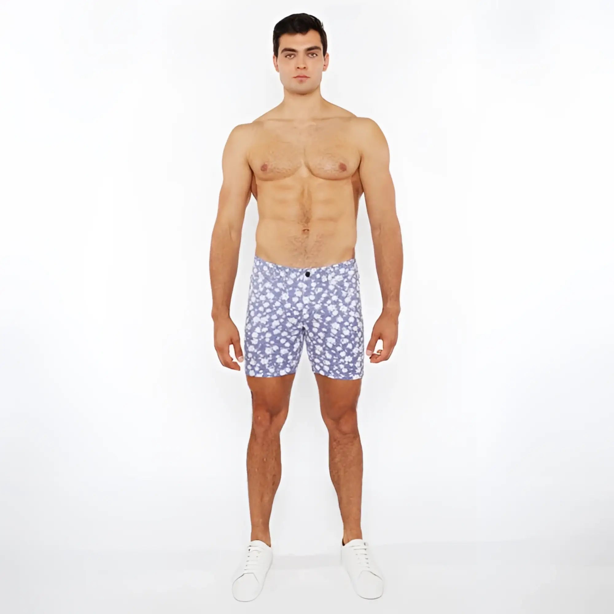 Blue floral-patterned men’s jaquard stretch knit shorts showcasing breathable fabric and comfortable fit