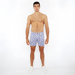 Blue floral-patterned men’s jaquard stretch knit shorts showcasing breathable fabric and comfortable fit