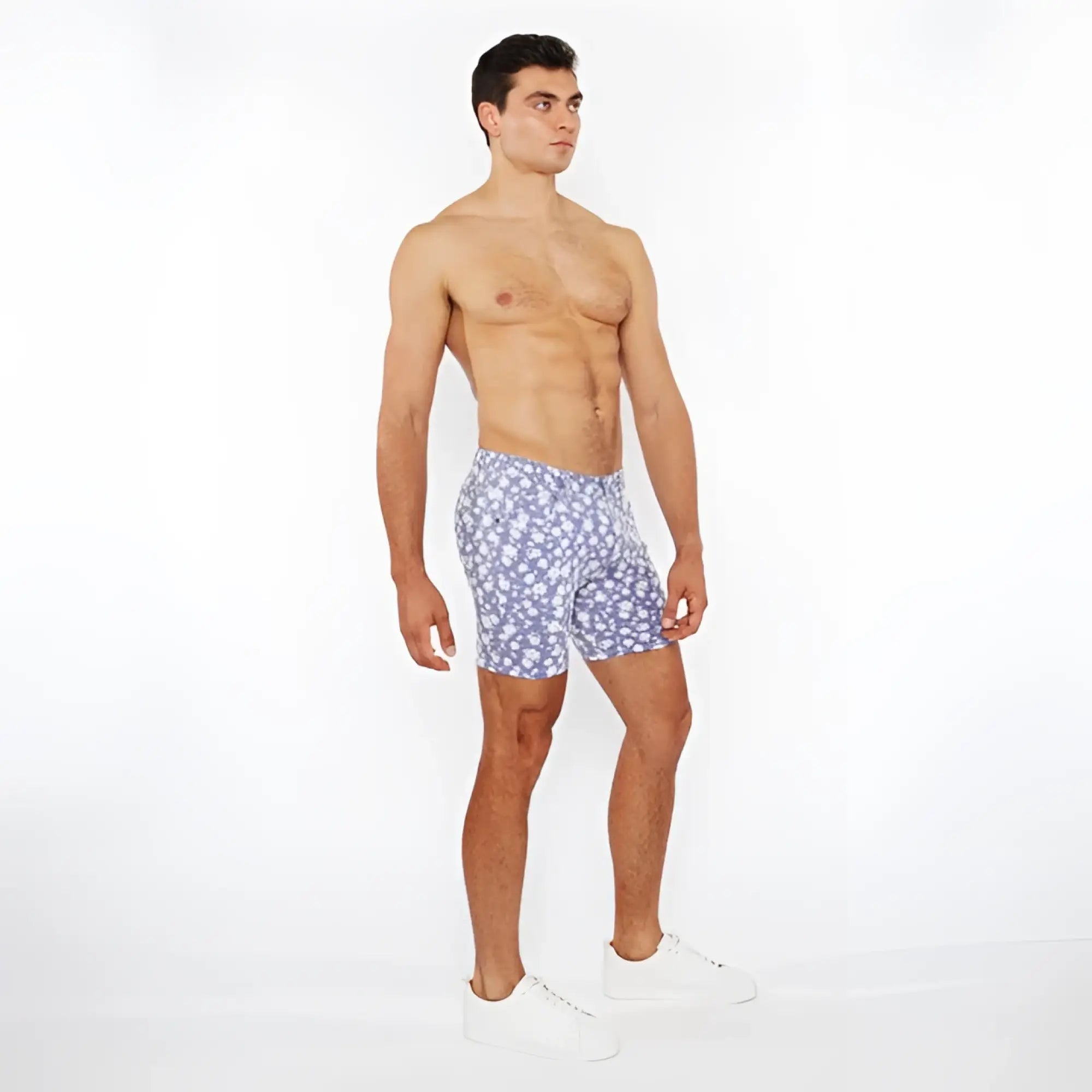 Blue floral-patterned men’s boxer shorts made of jaquard stretch knit fabric for comfortable everyday wear