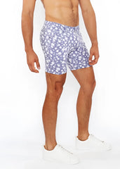 Jaquard stretch knit shorts in blue with white floral pattern on light blue fabric designed for comfort and style