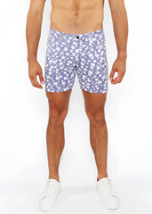 Purple floral-patterned jacquard stretch knit shorts for men with a black button closure