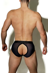 Back view of jj malibu navy sheer mesh privacy open back brief underwear with central cutout size l