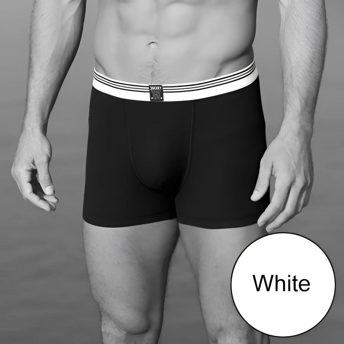 Black jockey rib trunk underwear size 2xl with white elastic waistband featuring three thin stripes and small black label