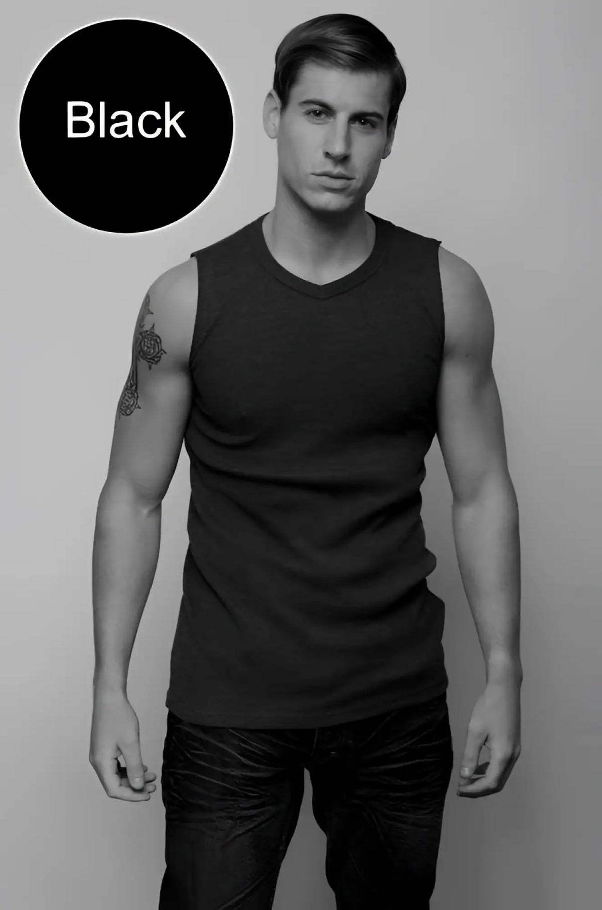 Black sleeveless jocko van v neck muscle top t shirt size large with v neckline made from breathable fabric