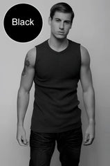 Black sleeveless jocko van v neck muscle top t shirt size large with v neckline made from breathable fabric