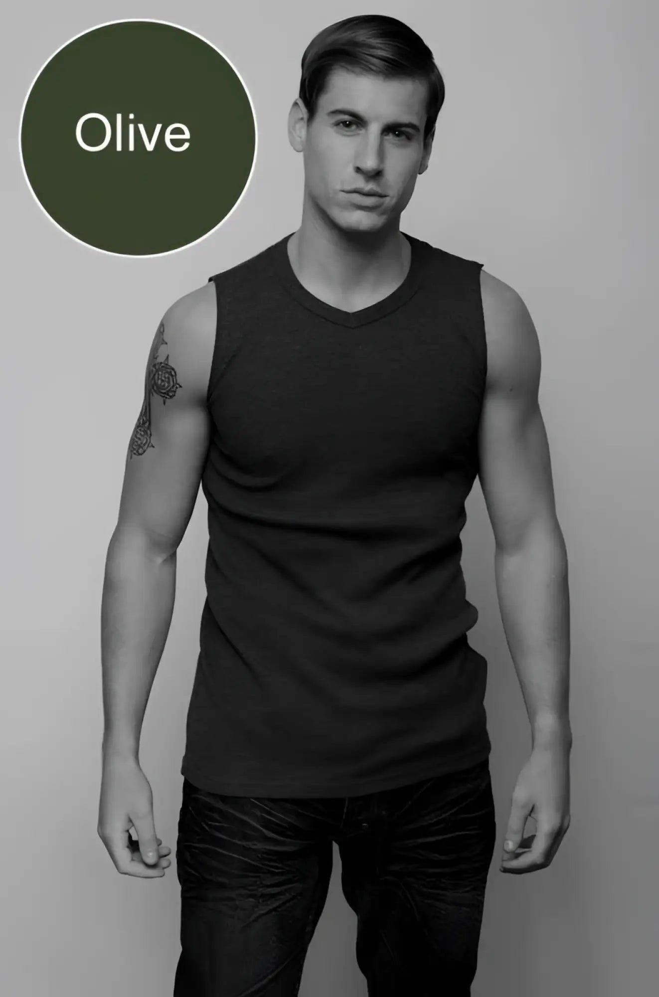 Olive-colored sleeveless cotton tank top jocko van v neck muscle top t shirt size l shown from the front