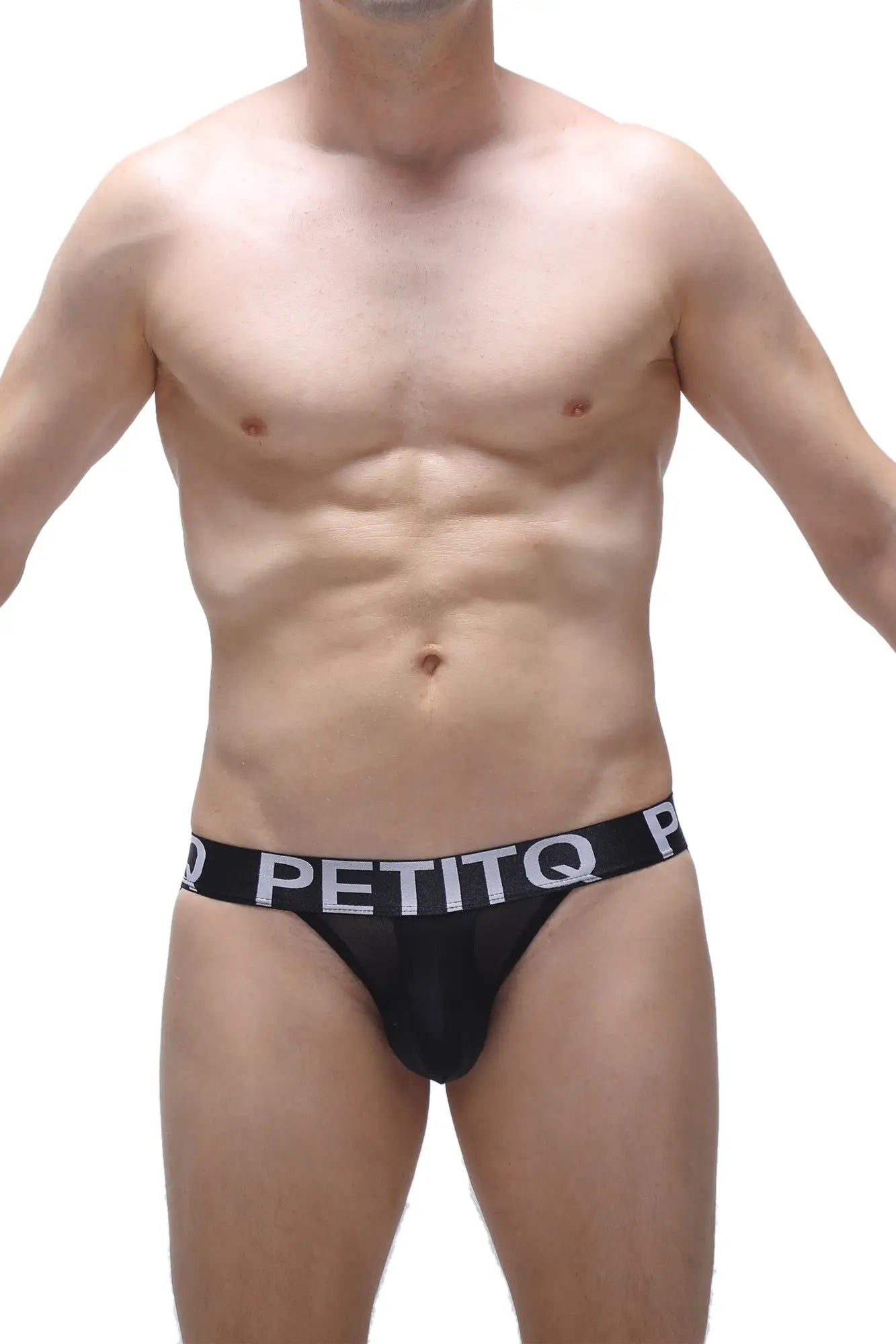 Black petitq brand jockstrap andlau with white logo waistband band in black briefs style front view