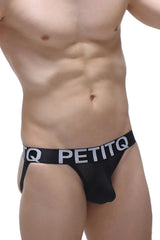 Black petitq brand briefs jockstrap andlau black with a contrasting white logo waistband front view