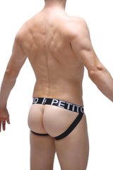Black petitq branded briefs sleek form-fitting design in jockstrap andlau black showing front side