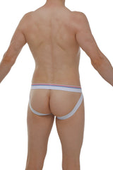 White petitq jockstrap briefs with a thin red white and blue striped waistband made from soft modal fabric