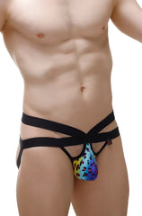 Rainbow leopard-print jockstrap with black elastic straps designed for support and style in activewear use